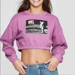 MTV Mauve/Lilac Long Sleeve Crop Sweatshirt Astronaut on Moon